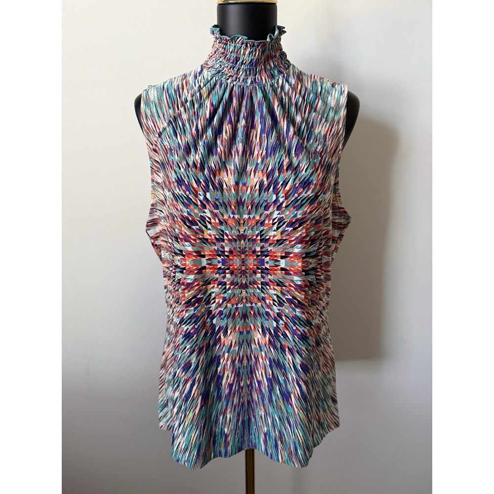 Sere Nade New York Women's XL Sleeveless Top Kaleidoscope Design Ruffle Neck